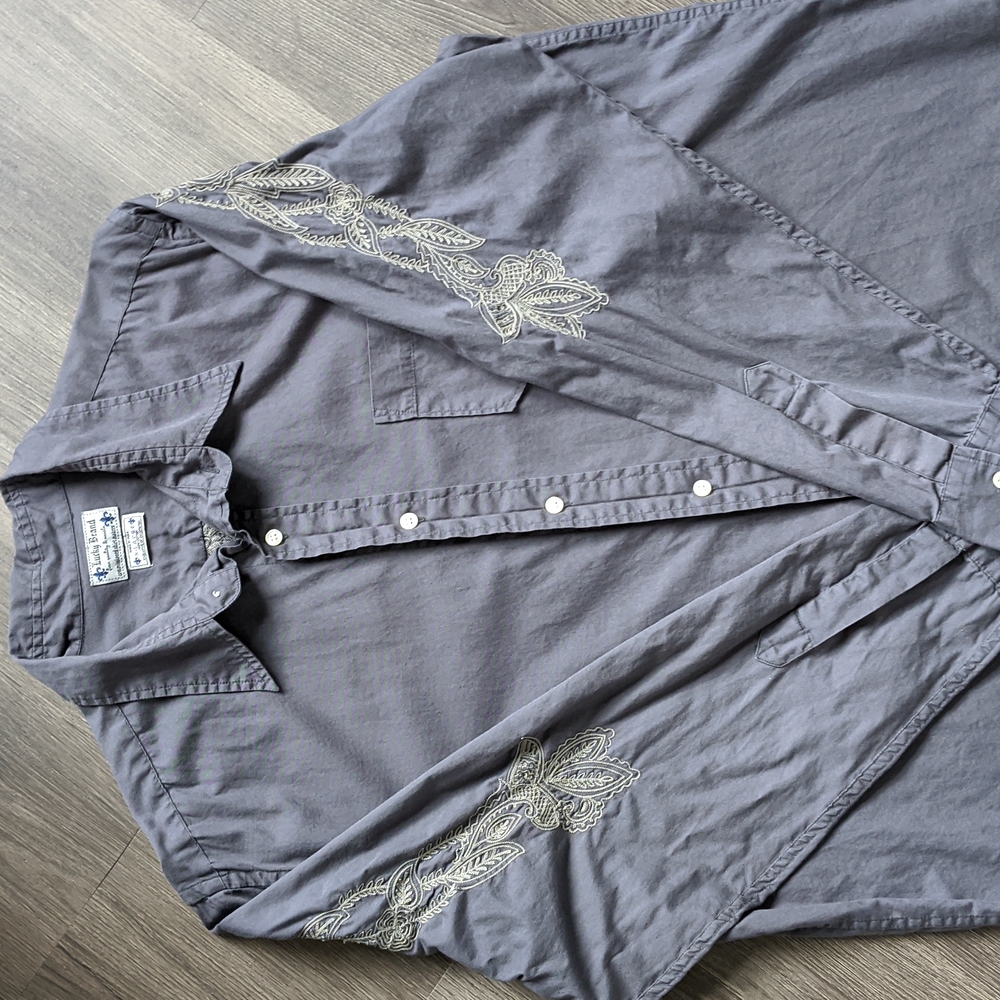 🎉HP🎉 Lucky Brand Gray Western Style Button Down Embroidered Shirt XL - Picture 2 of 14